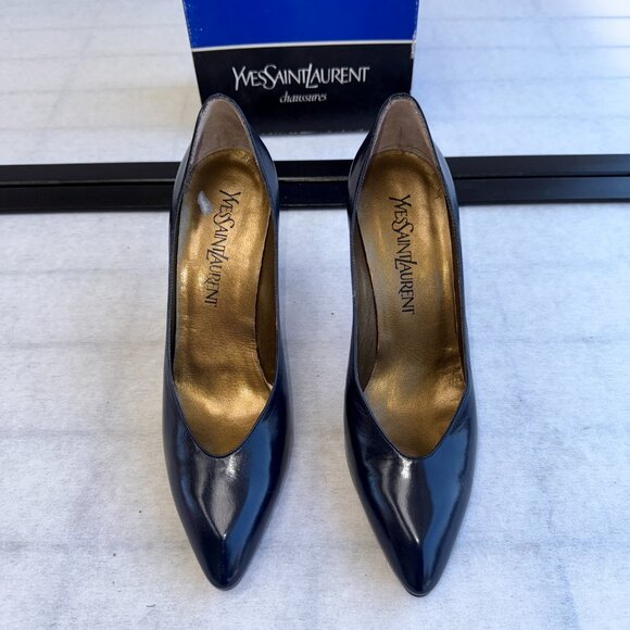 YVES SAINT LAURENT YSL Pump Heel 7N Dress Shoes Vintage Navy Blue Stiletto 90s - Picture 2 of 8